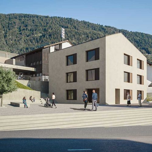 Visualisierung Gemeindezentrum Offener einstufiger Projektwettbewerb Gemeindezentrum und Schulhauserweiterung Ried -Brig