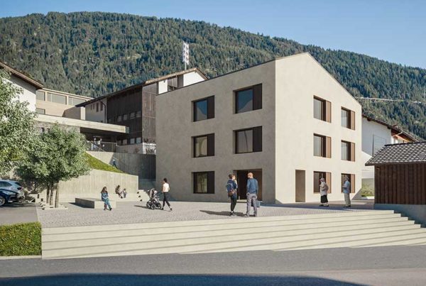 Visualisierung Gemeindezentrum Offener einstufiger Projektwettbewerb Gemeindezentrum und Schulhauserweiterung Ried -Brig